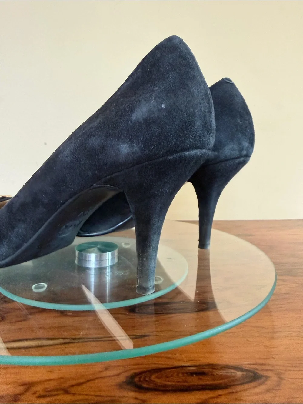 Michael Kors Caroline Black Suede Gold MK Logo Medallion Pointed Toe Pumps 9.5